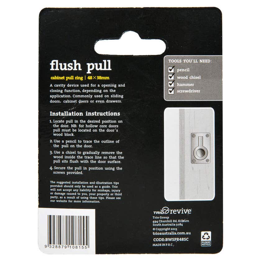 Trio Flush Pull Cabinet Pull Ring Satin Chrome 48mm