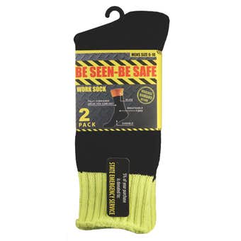 Be Seen-Be Safe Work Socks Black/Fluoro Yellow S11-14 - 2 Pack